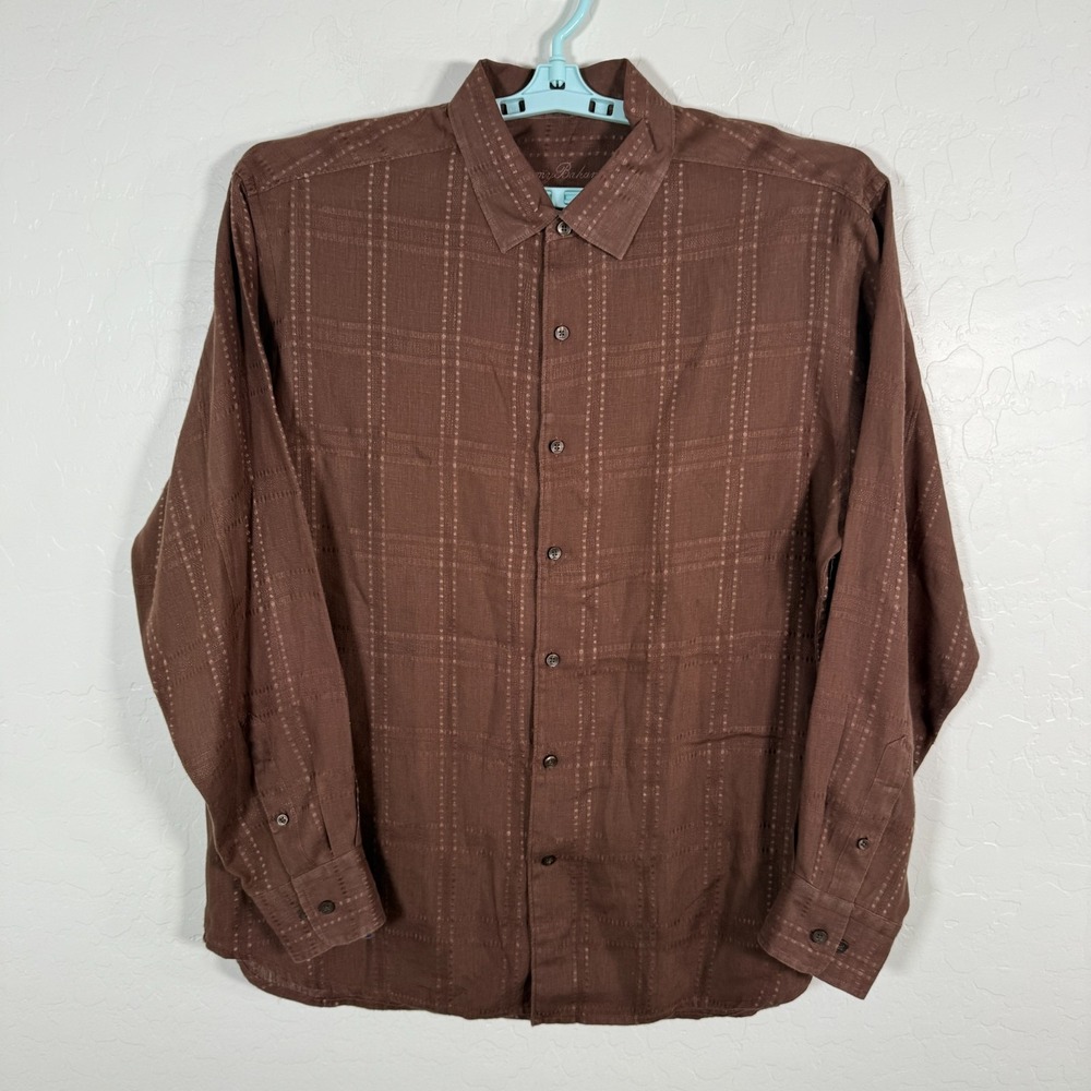 Tommy Bahama Shirt‎ Mens XL Brown Linen Button Up Hawaiian Beach Island Casual